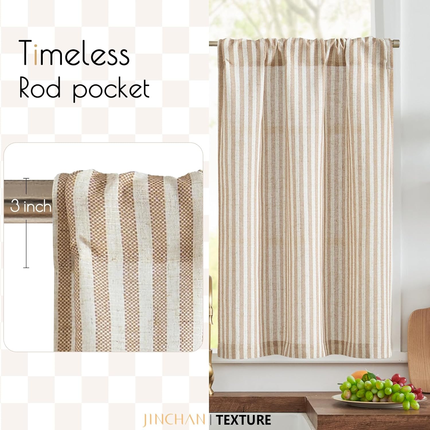 Thumbnail 2 de jinchan Striped Linen Kitchen Curtains 30" Tan 🪟