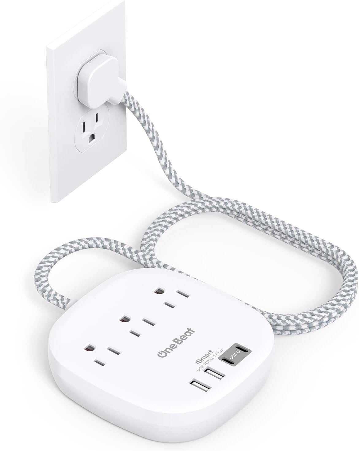 Detalle de One Beat Flat Plug Power Strip (6ft Ultra Flat Extension Cord) with 3 Outlets and 4 USB Ports, Desktop Charging Station
