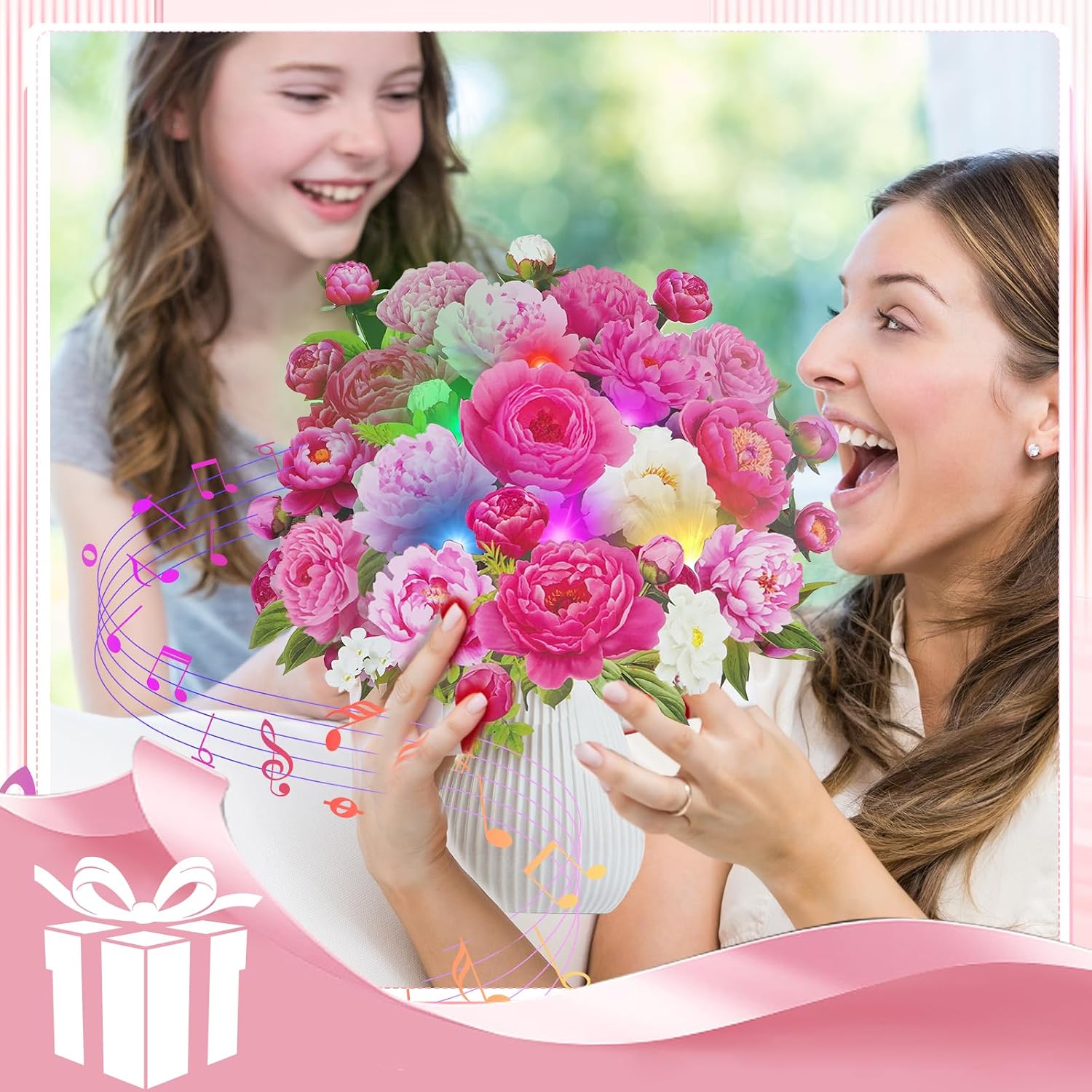 Detalle de WUJUN 3-in-1 Pink Peony Pop Up Birthday Card with Music & Lights (10 inch) – For Mum, Wife, Daughter