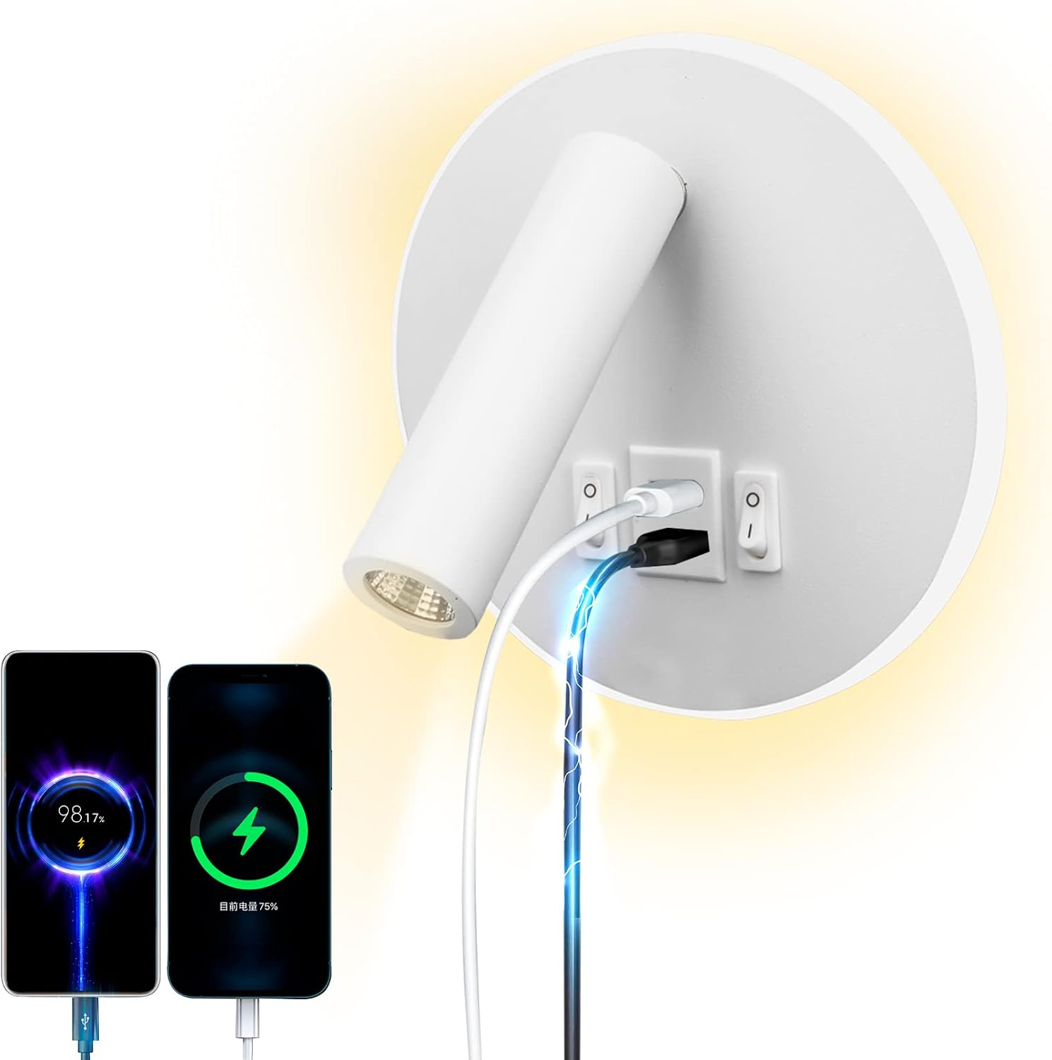 Detalle de uksunvi TC008 led-wandleeslamp met USB- en USB-C-poort, 3000 K
