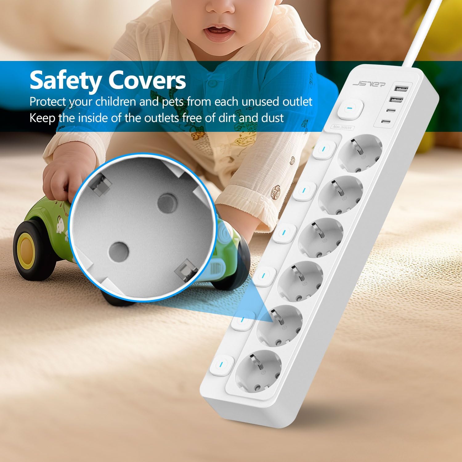 Thumbnail 5 de JSVER Bloc multiprise USB avec 6 prises et 4 ports USB (2 USB-A + 2 USB-C) et interrupteurs individuels, 2 m, blanc