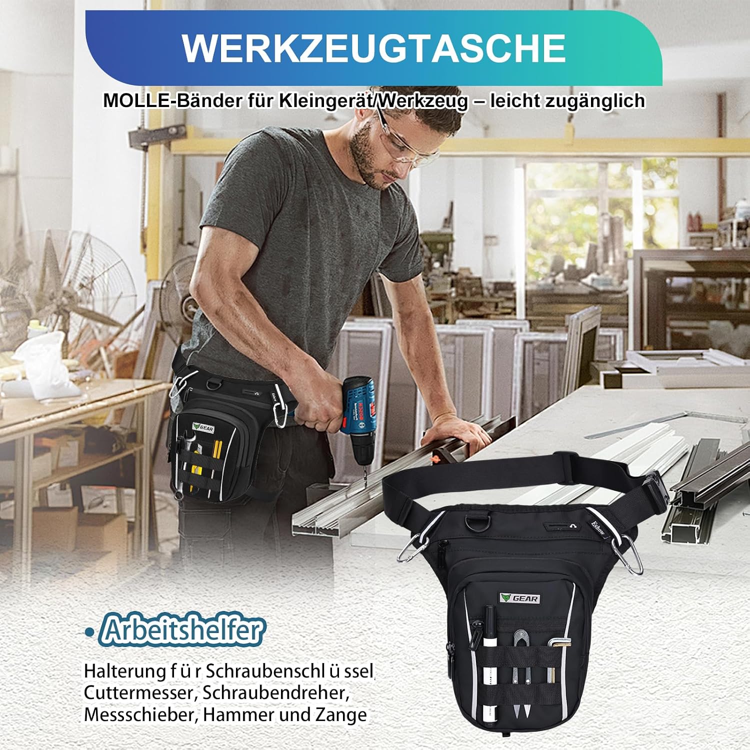 Thumbnail 6 de Eshow Beintasche Motorrad – Erweiterbare Oberschenkeltasche für Herren und Damen, verstellbarer Bein- und Hüftgurt, Reflexstreifen, 2 Karabiner, wasserdicht