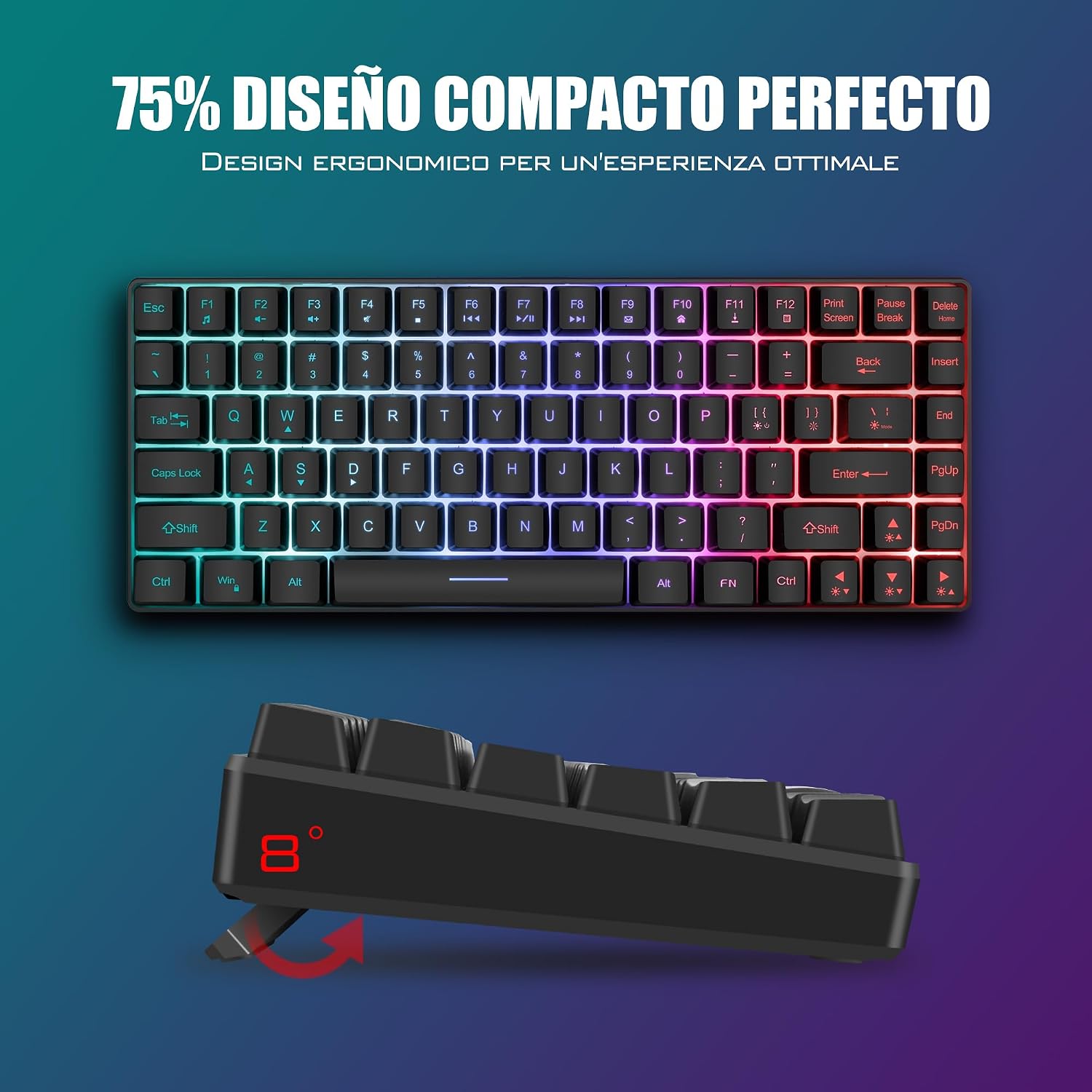 Detalle 2 de RedThunder Teclado Gaming Inalámbrico 75% Retroilum. RGB🖥