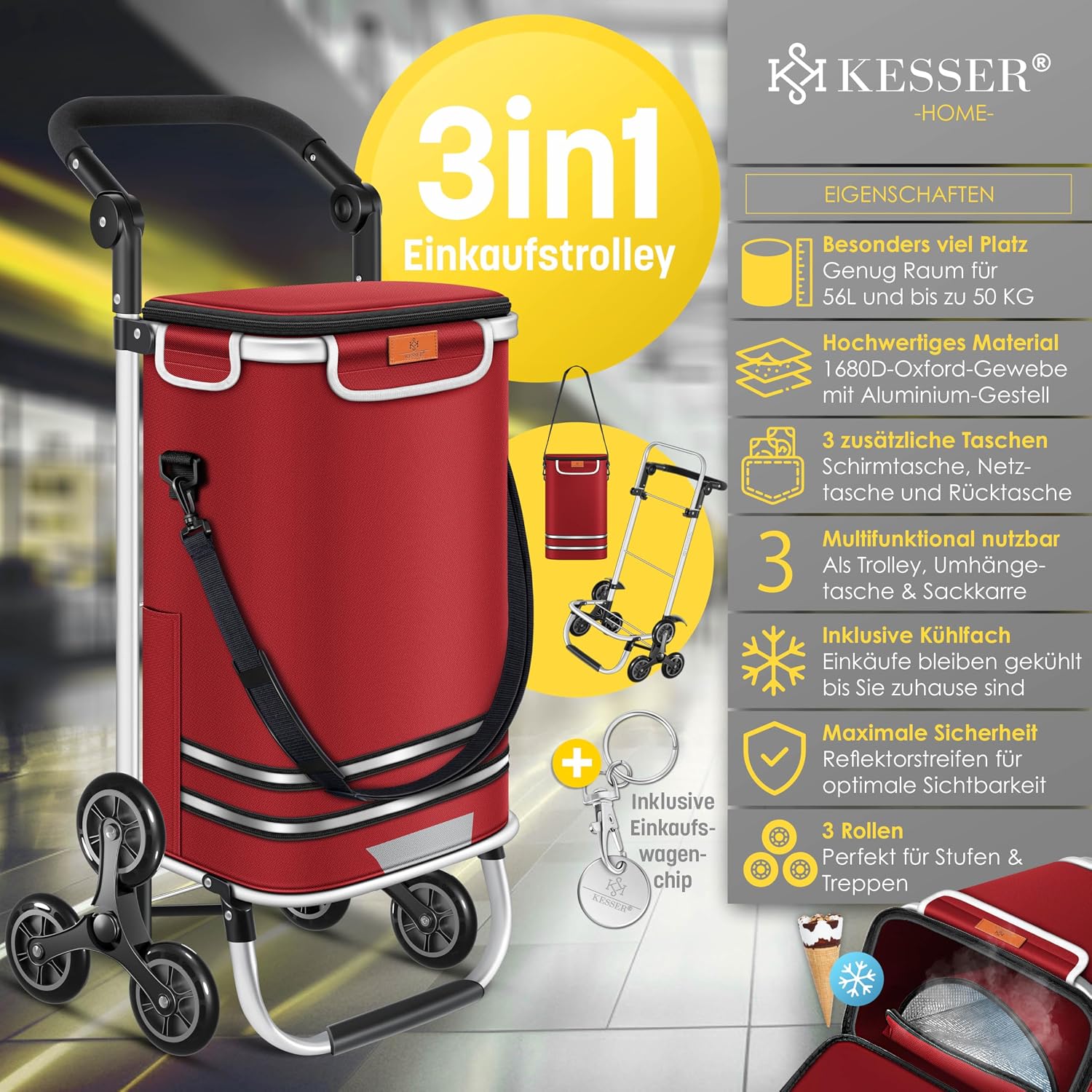 Thumbnail 1 de KESSER® Einkaufstrolley Treppensteiger mit Kühlfach, klappbar (56 l, bis 50 kg) – 3in1 Trolley & Umhängetasche, Bordeaux