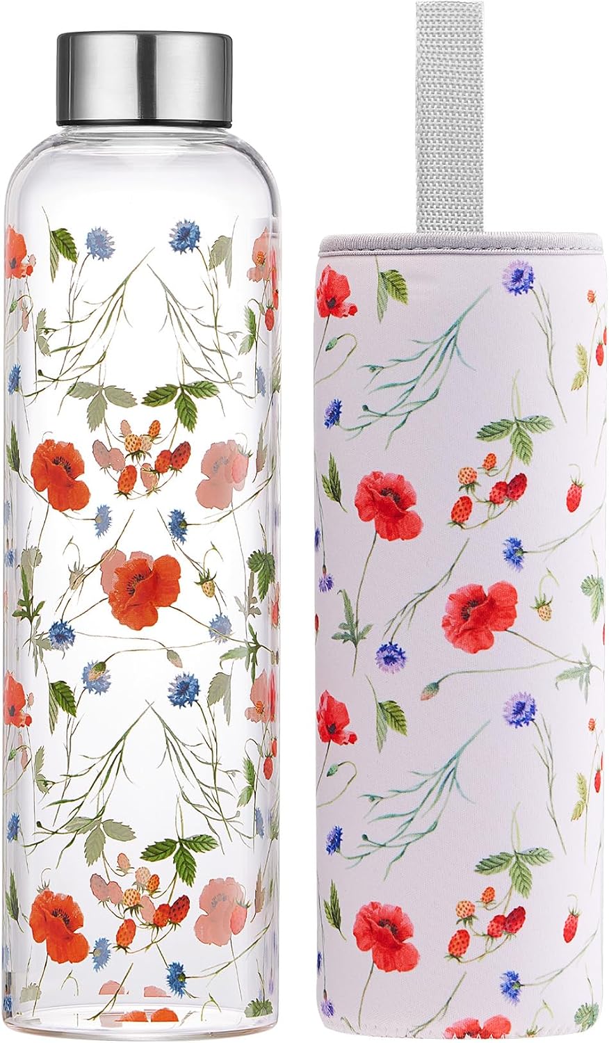 Detalle de Autsel Glass Water Bottle 500ml – Artistic Borosilicate Bottle with Protective Sleeve