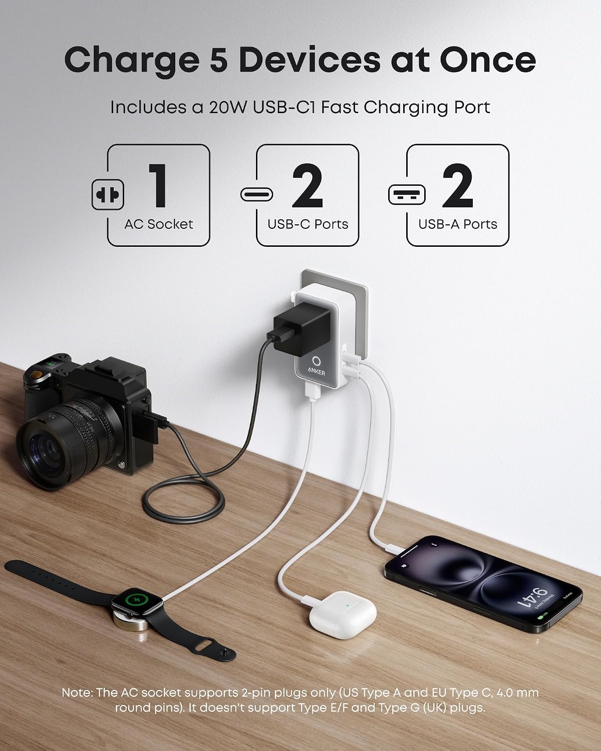 Detalle de Anker Universal Travel Adapter 5-in-1 for UK/EU/US/AU – 20W USB-C, 4 USB Ports, Compact Plug Converter