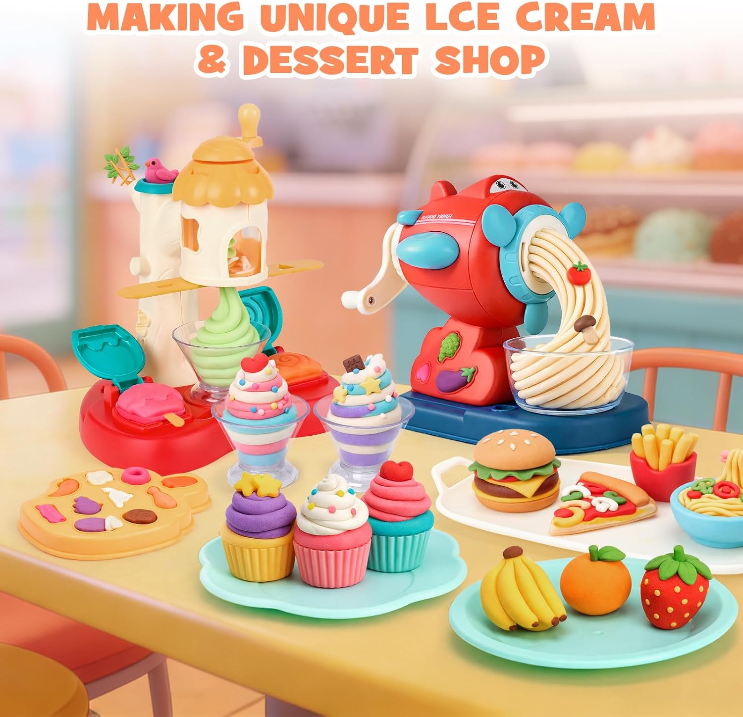 Detalle de Dreamon 3 in 1 Knete Dough Set – Spielküche Zubehör für Kinder ab 3 Jahren (12 Farben, Eismaschine, Nudelmaschine, Kuchenform)
