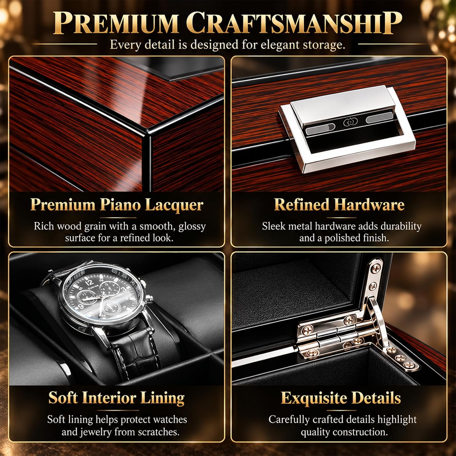 Detalle de BEWISHOME High-End Watch Box 12-Slot – Wooden Case with Large Glass Lid
