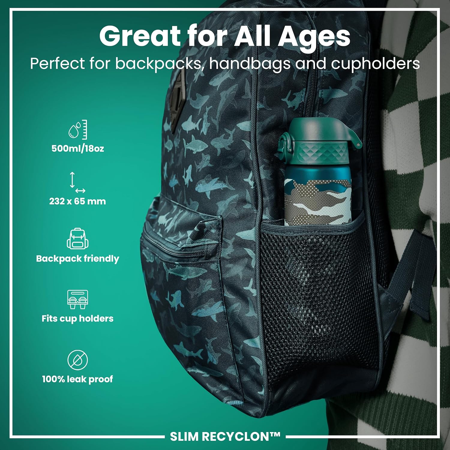 Detalle 2 de Ion8 Water Bottle 500ml/18oz – Slim, Leak-Proof, BPA-Free (Aqua, Camo)