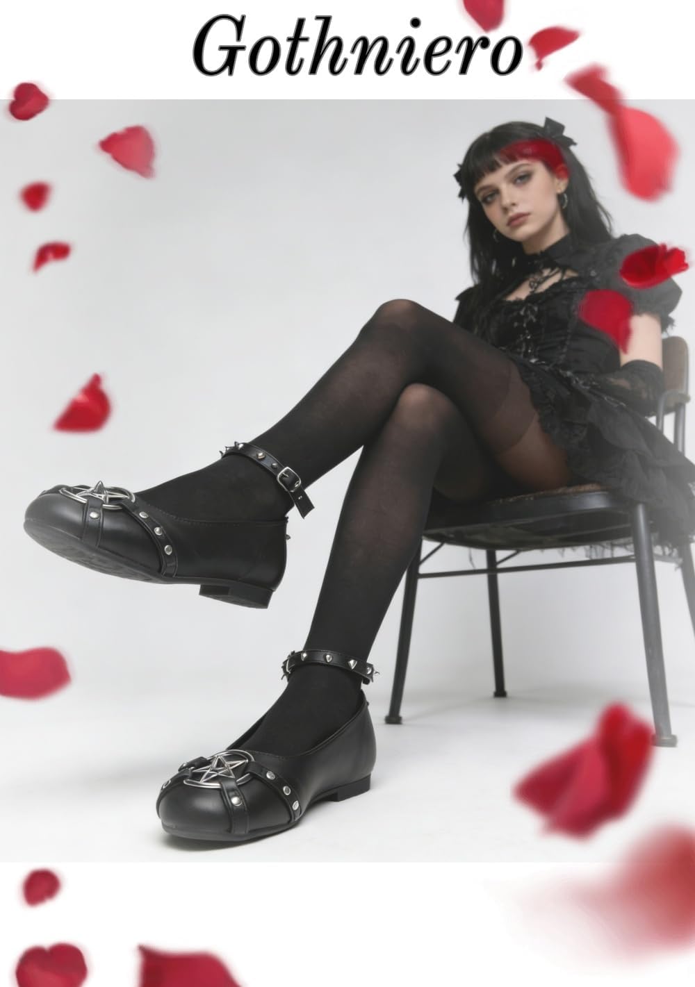 Thumbnail 4 de Gothniero Women’s Black Ballet Flats with Studs and Removable Ankle Strap