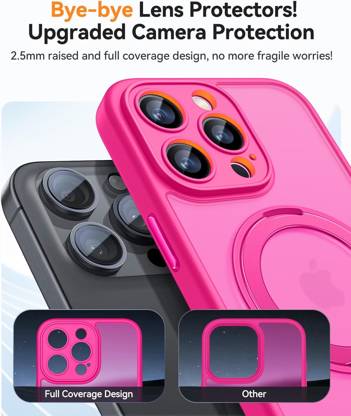 Detalle 2 de CANSHN 360° Ständerhülle für iPhone 15 Pro – Kameraschutz, MagSafe, Matt Rosa