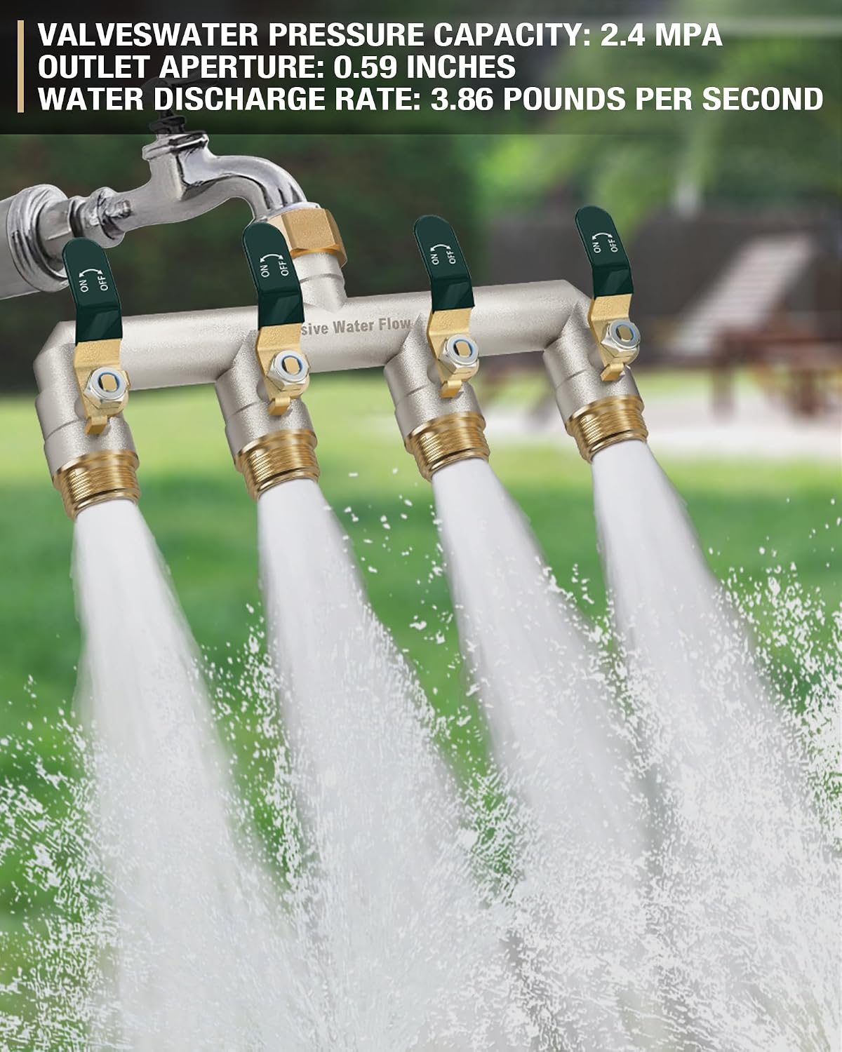 Detalle de HugWaFlw 4-way Hose Pipe Splitter (3/4 inch) in solid brass with ball valve control