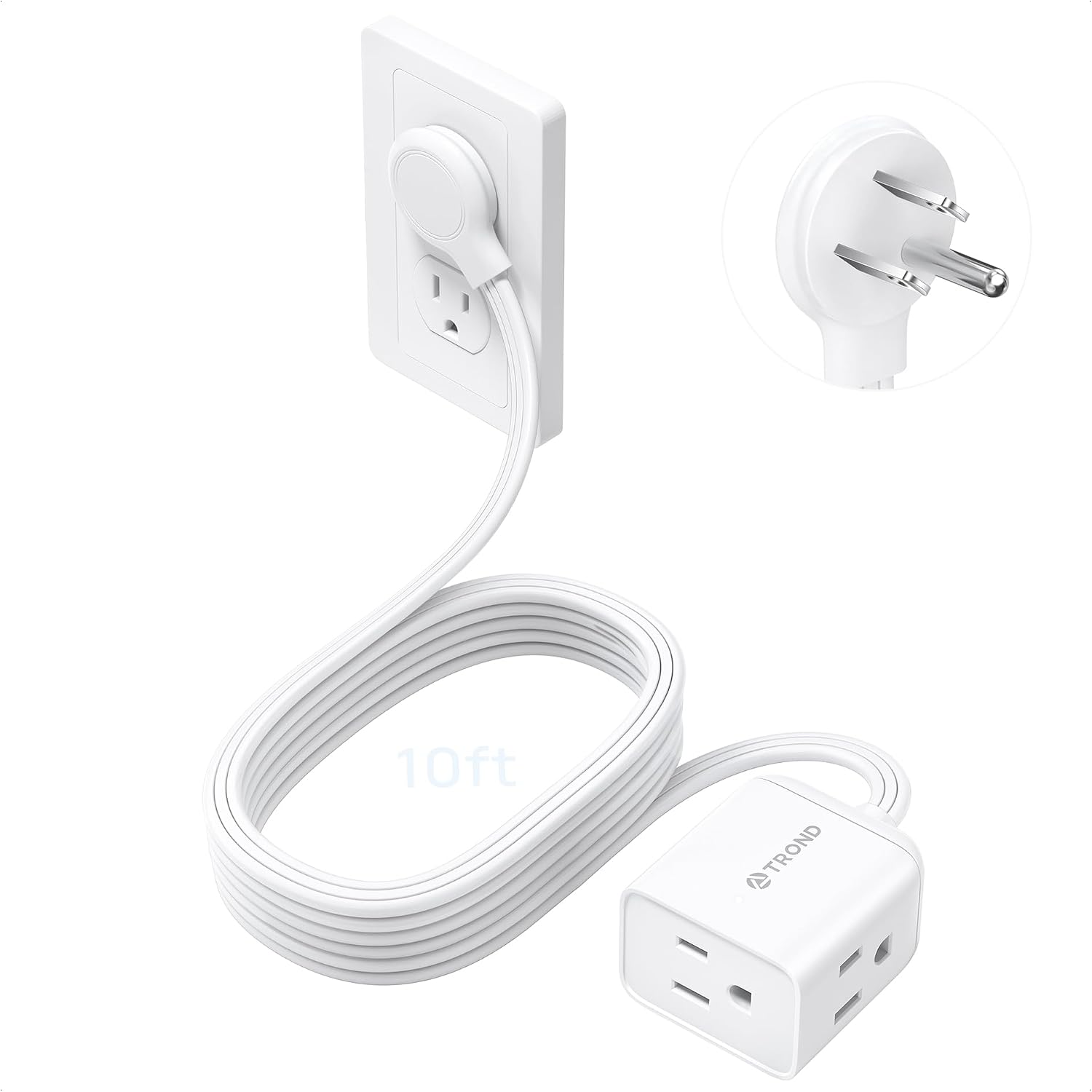Detalle de TROND TD-EC-US01R 10 ft Flat-Plug Extension Cord with Three Grounded Outlets