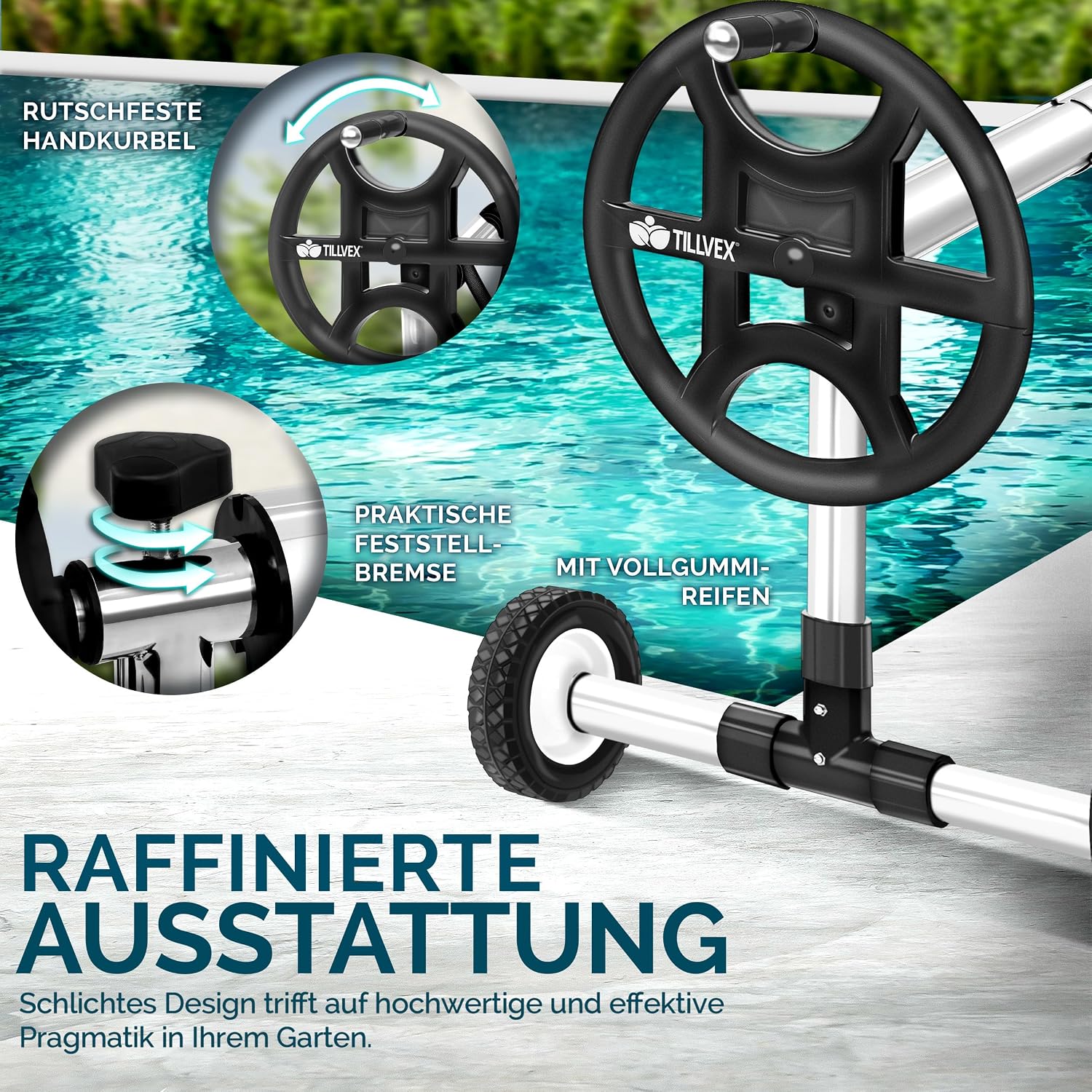 Detalle 2 de tillvex Pool Aufroller Premium 3–5,70 m – Aufrollsystem für Solarfolie und Poolabdeckung mit Vollgummireifen