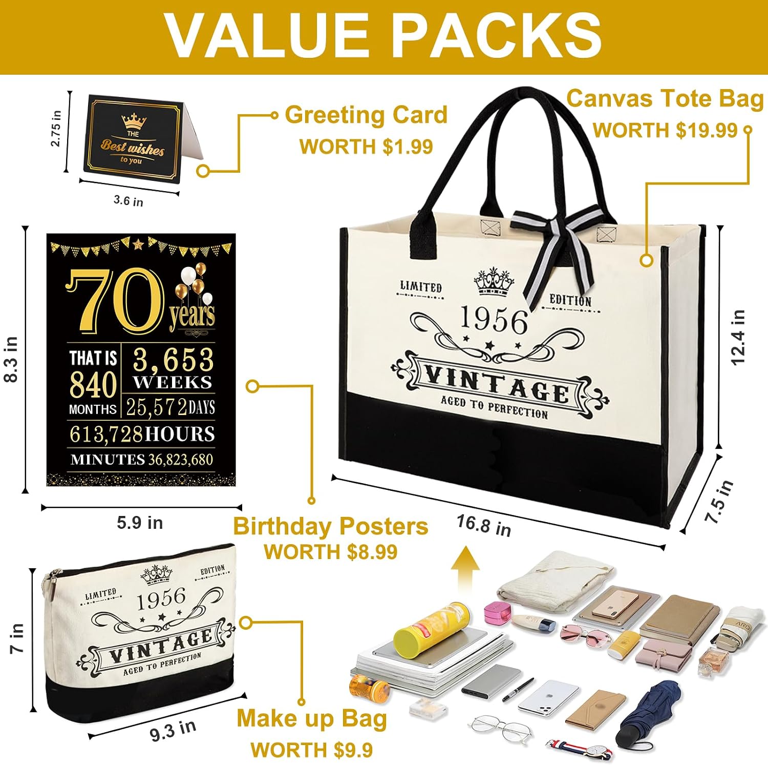 Detalle de 70. Geburtstagsgeschenke für Frauen – Leinwand Tote Bag Set mit Kosmetiktasche und Poster „Back in 1956“