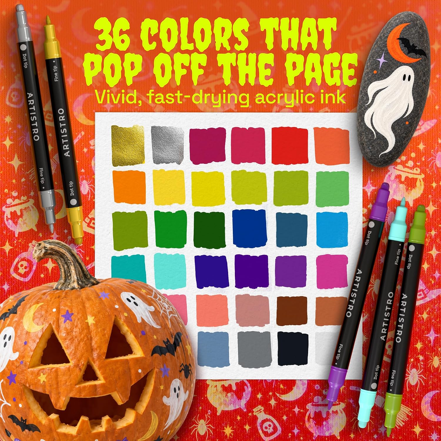 Detalle de ARTISTRO 36 Precision Dual-Tip Acrylic Paint Markers (Dot & Fine Tips) – Multi-Surface Paint Pens Set