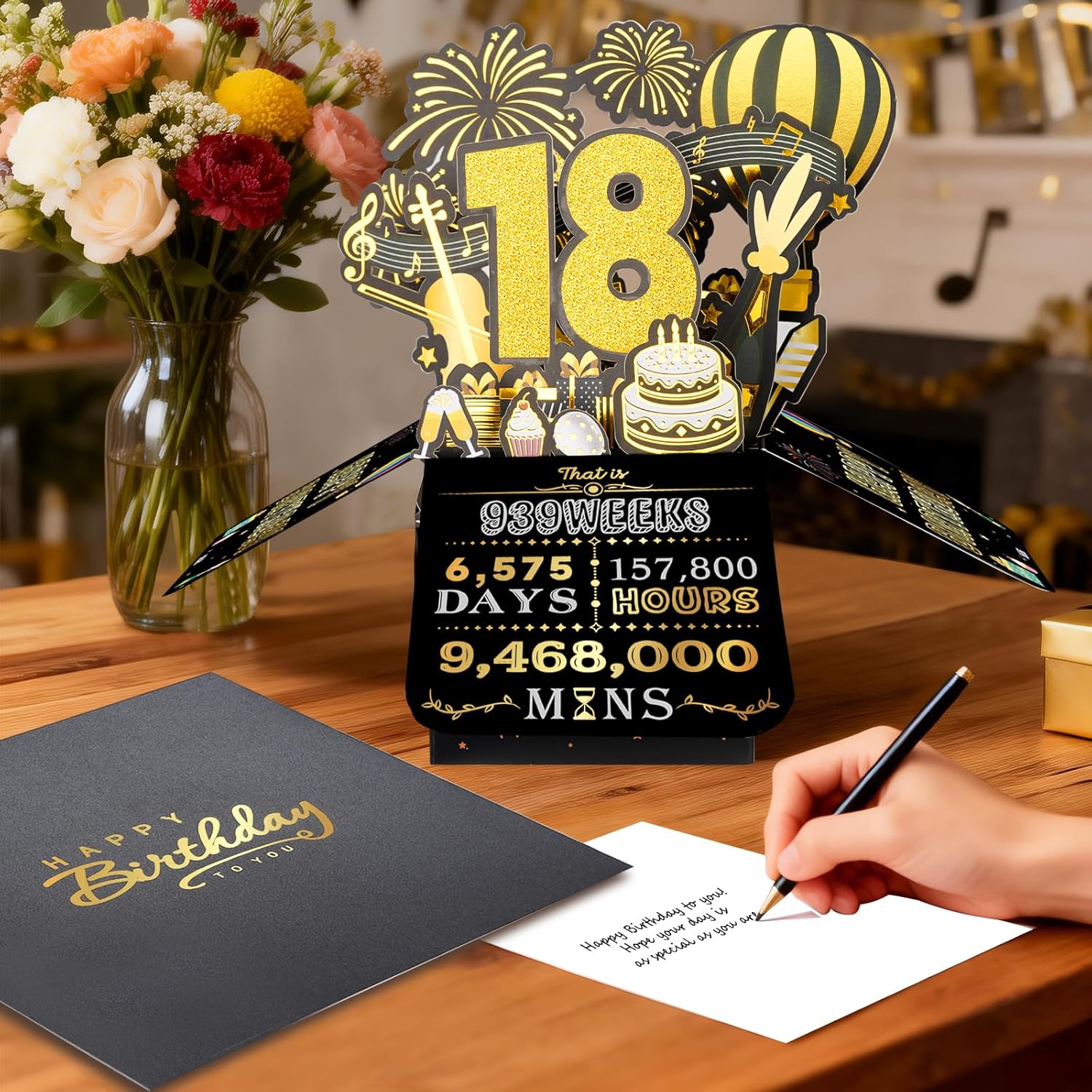 Thumbnail 1 de 18th Birthday Pop Up Card in Black & Gold – 3D Greeting for Him or Her