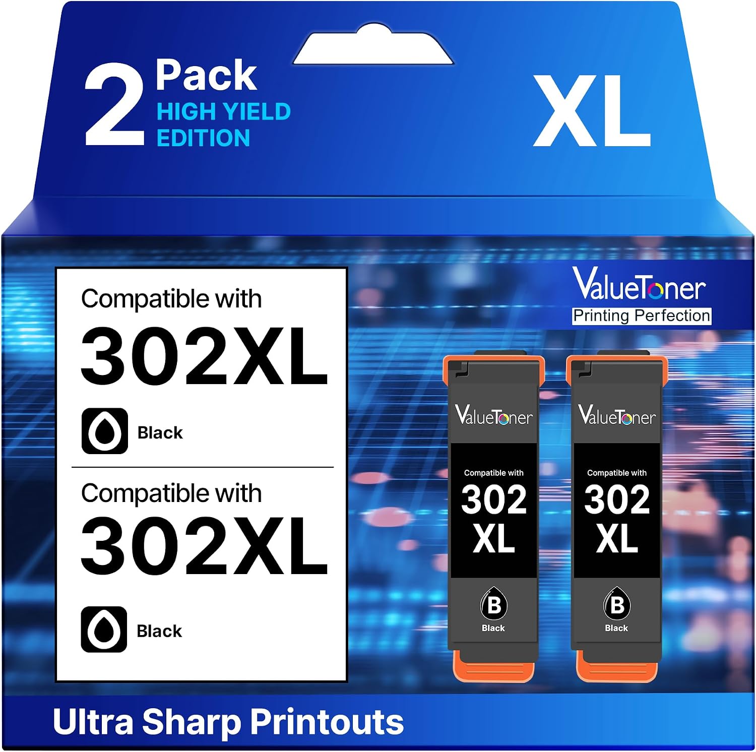 Detalle de Valuetoner 302XL Compatible Black Ink Cartridges, 2-Pack, 550-Page Yield