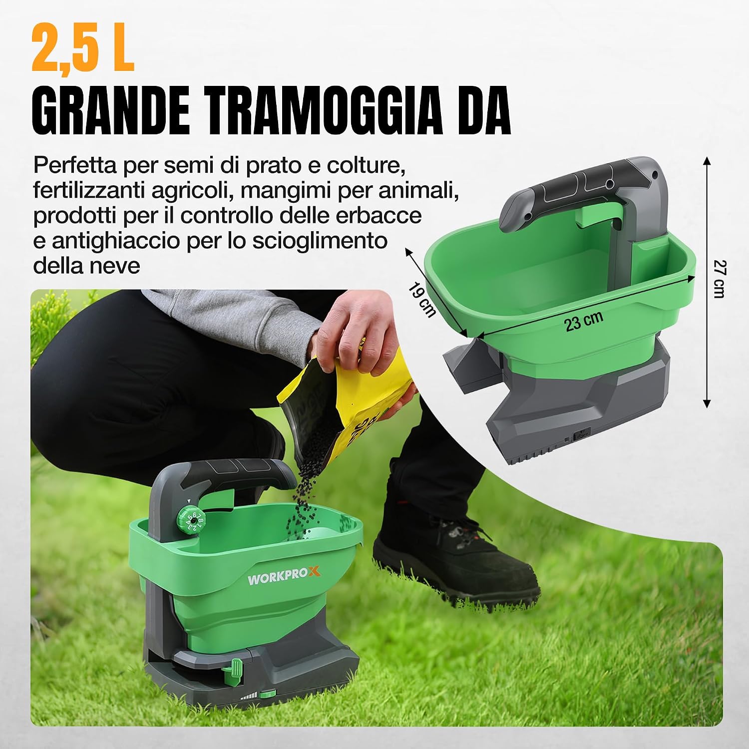Detalle de WORKPROX Seminatrice universale a batteria 7,2 V con 8 flussi, 6 velocità e larghezza di proiezione regolabile