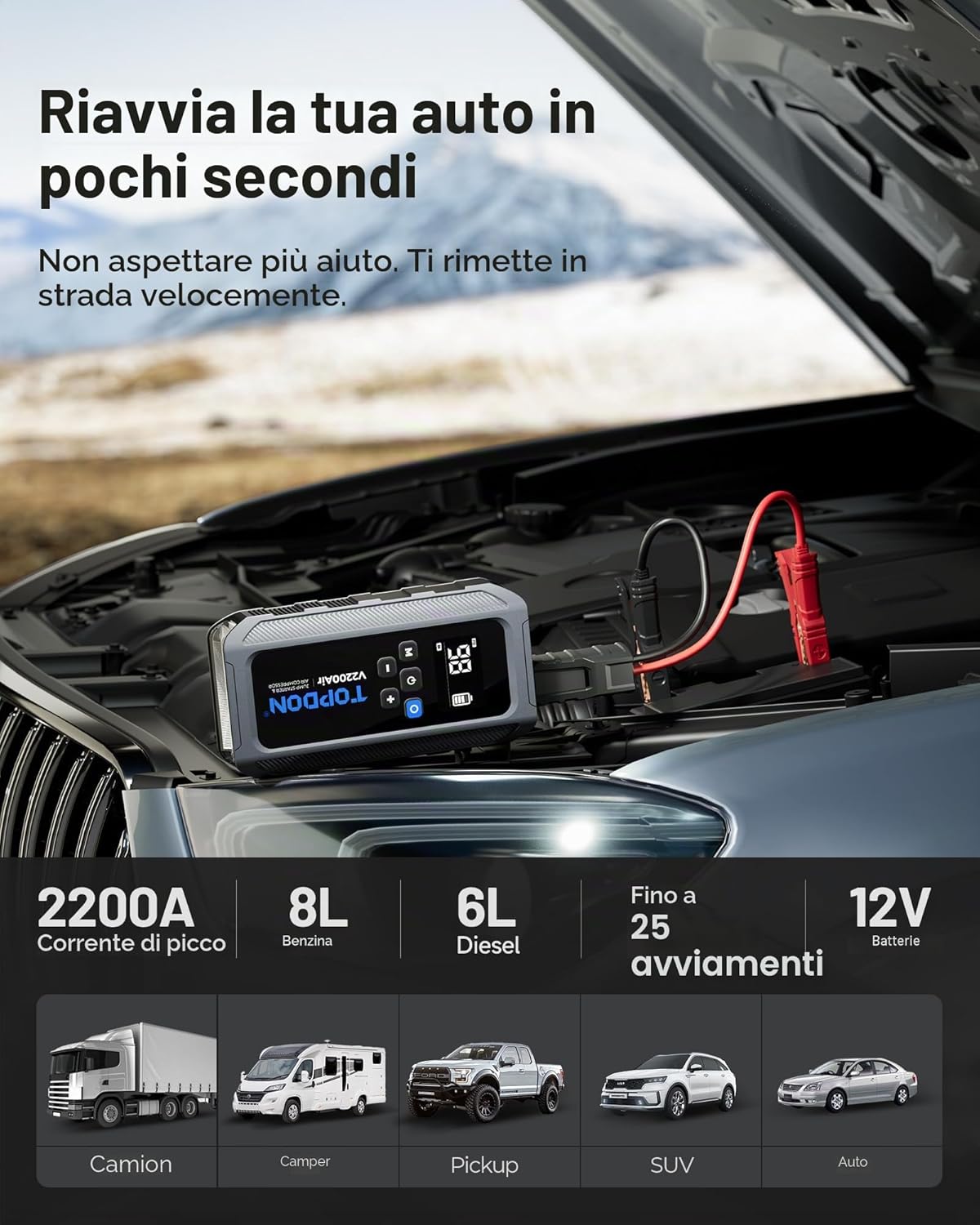 Detalle de TOPDON V2200Air: power bank di avviamento per auto con compressore aria fino a 150 PSI