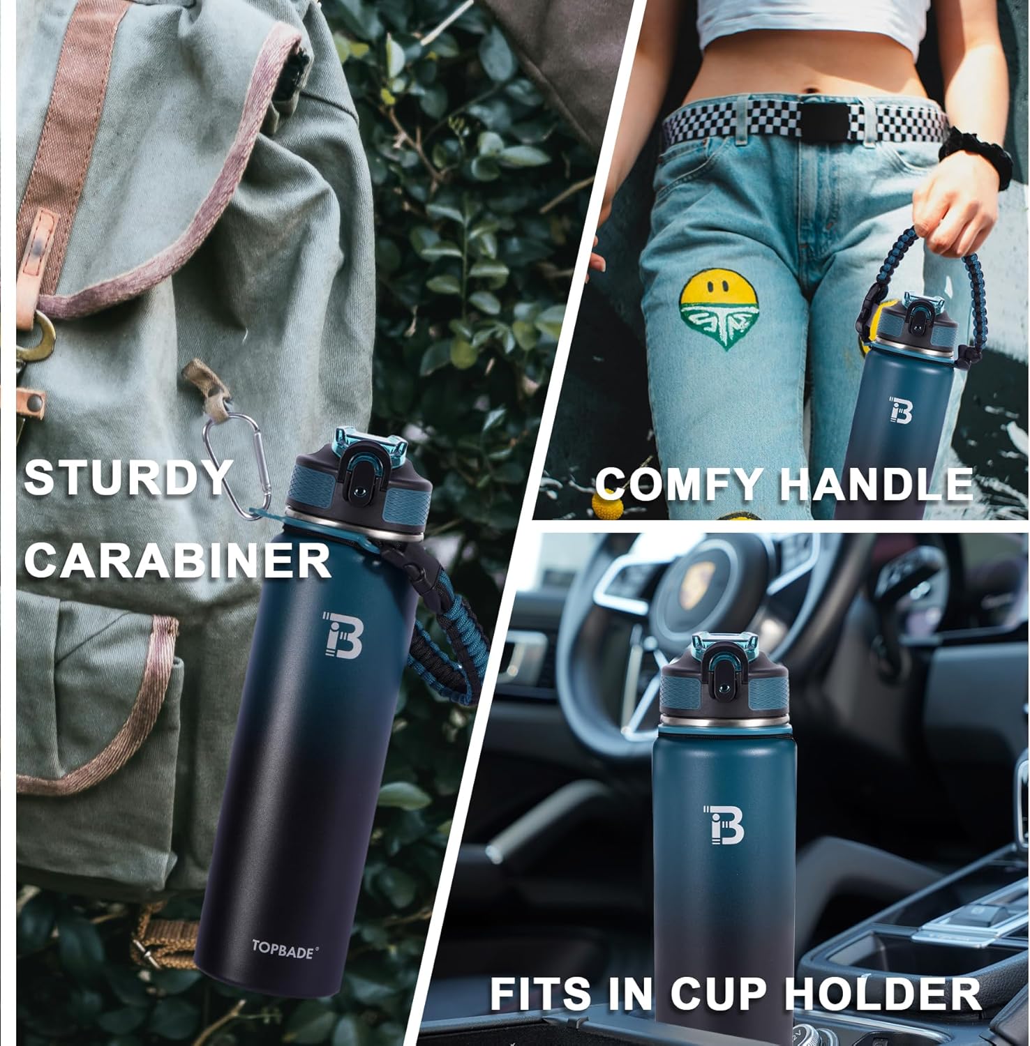 Thumbnail 4 de TOPBADE Edelstahl Trinkflasche Sport mit zwei Deckeln, 700 ml – BPA-frei, auslaufsicher, Paracord-Griff