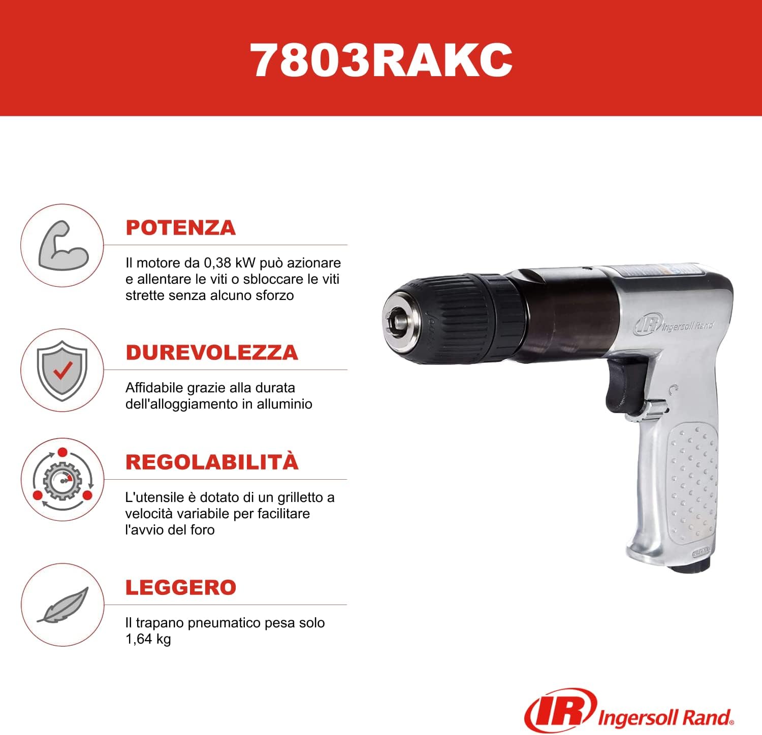 Detalle de Ingersoll Rand Trapano Pneumatico 7803RAKC 1/2" – mandrino autoserrante, 0,38 kW, 1,5 kg