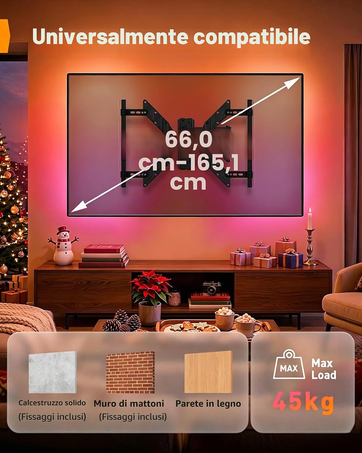 Detalle de Perlegear PGTVM79B: Supporto TV a parete con barra LED 25–60'' e illuminazione sincronizzata