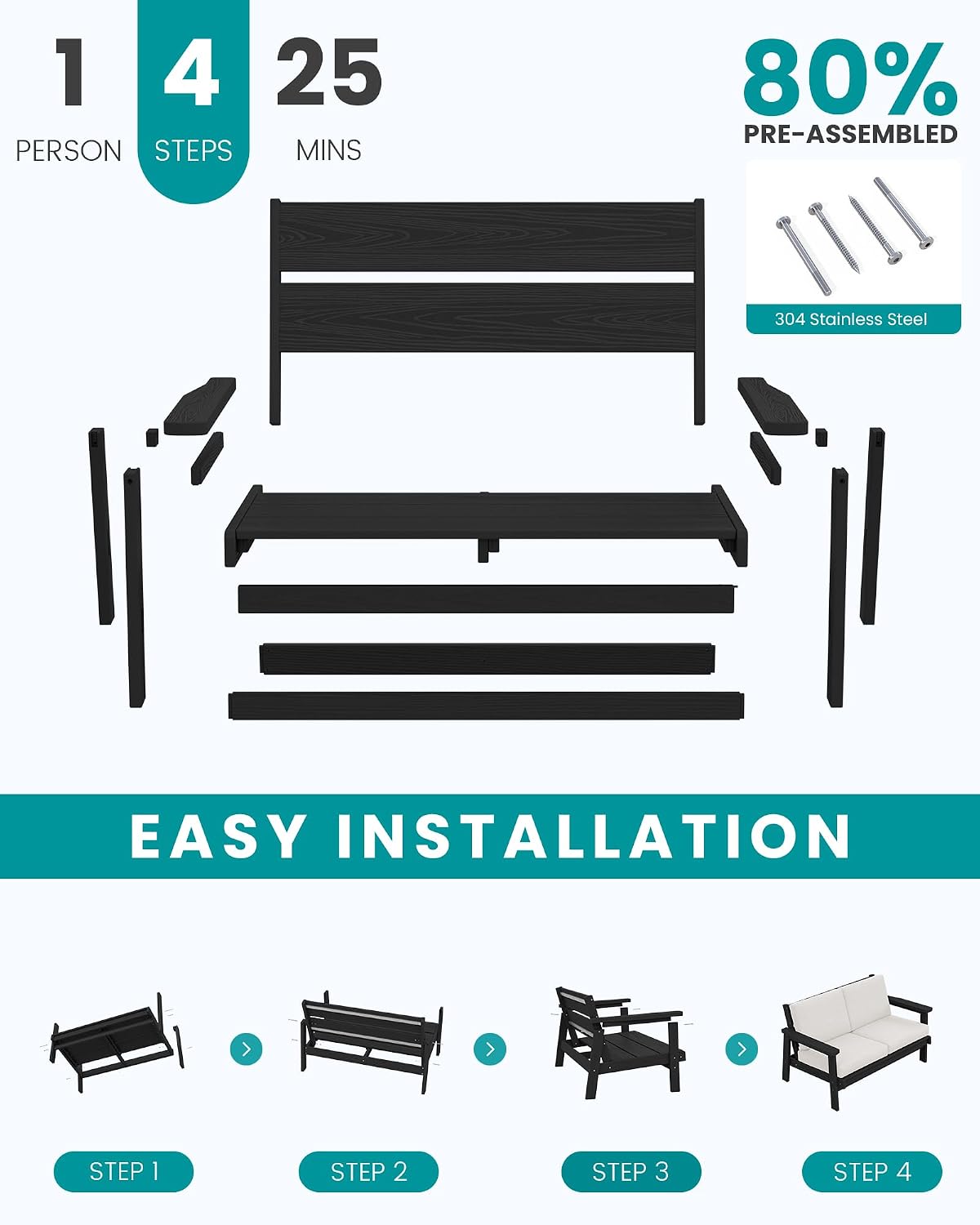 Thumbnail 6 de SERWALL P111-037 4-Piece HDPE Patio Sofa Set with Khaki Cushions