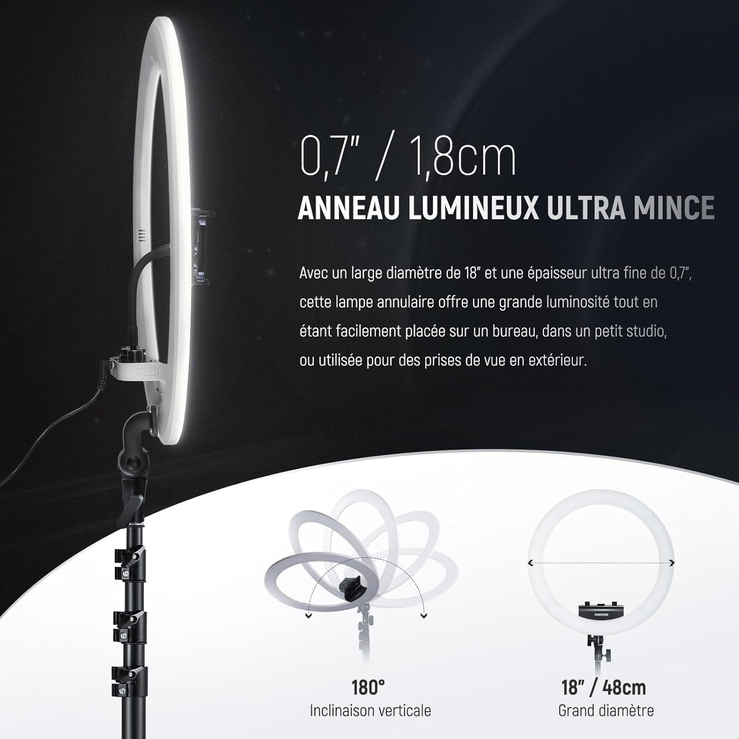 Thumbnail 1 de NEEWER RP18B Pro – Light Anneau 18" ultra fine avec trépied, contrôle Bluetooth via APP et obturateur à distance