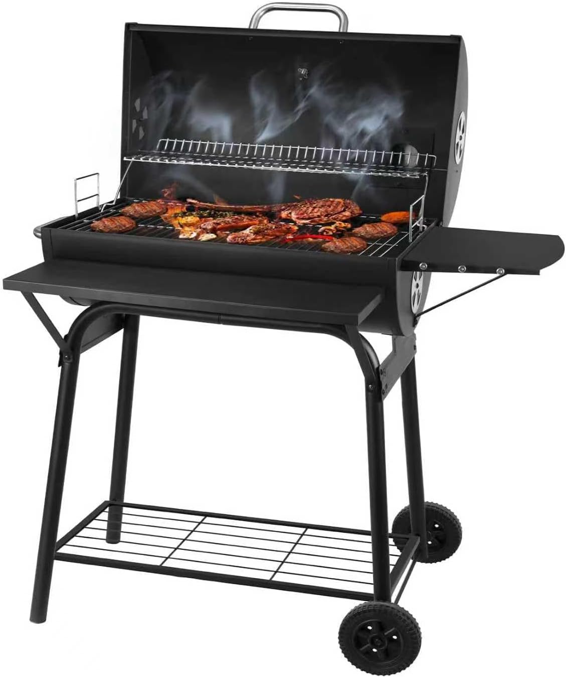 Detalle de Holzkohlegrill mit Deckel & Grillwagen: Kohlegrill mit Grillrost und Thermometer