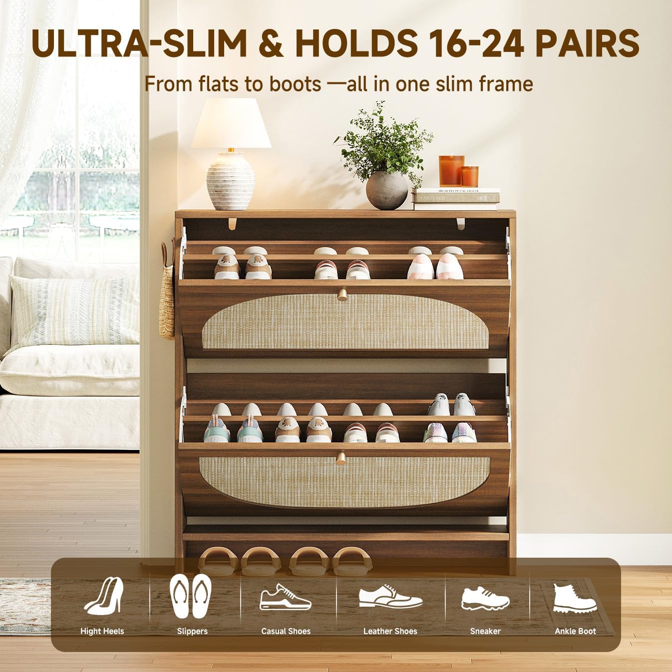 Detalle de Nicetree 2-280CH Rattan Shoe Cabinet, 9.5" Slim, 2 Flip Drawers