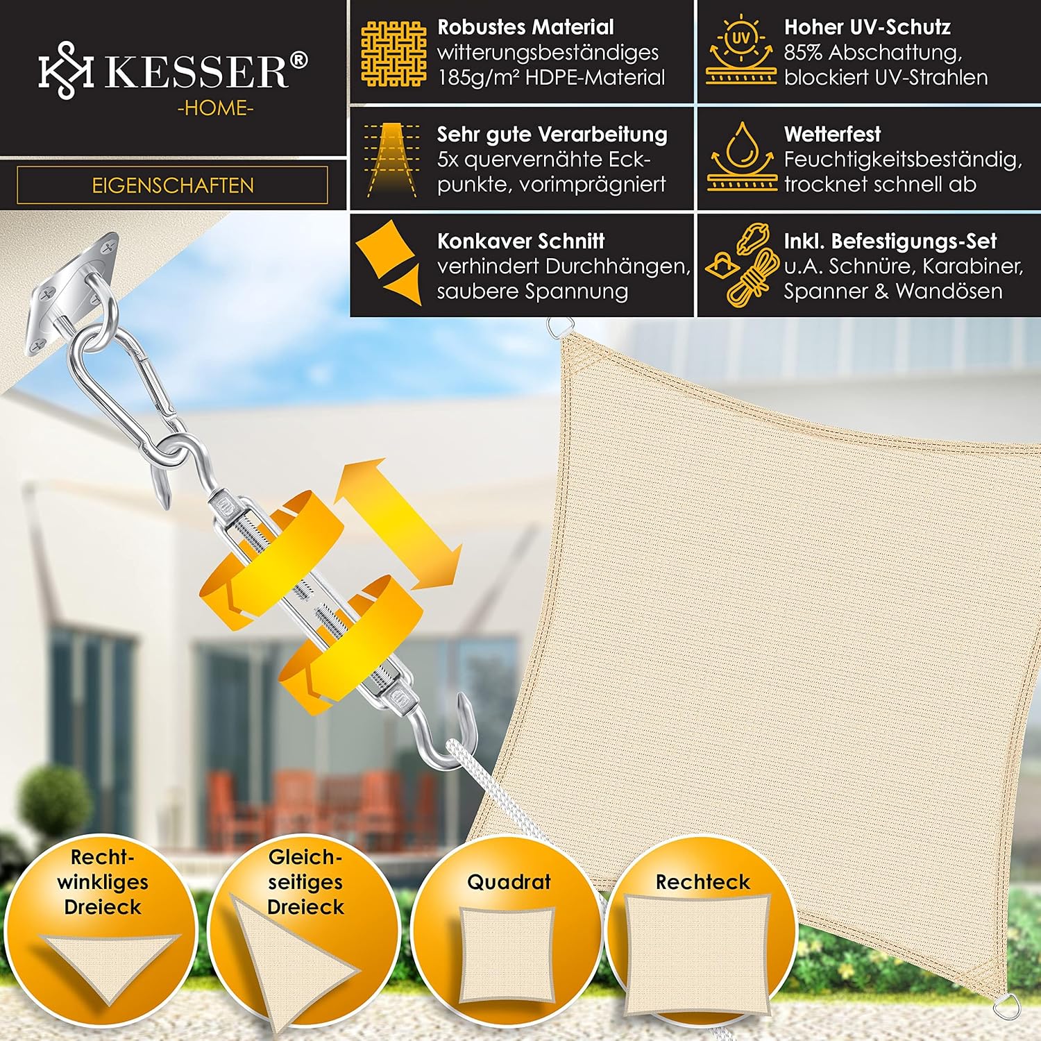Detalle de KESSER Sonnensegel 2x4 m: HDPE-Gewebe, wasserabweisend & windabweisend, Rechteck – Creme