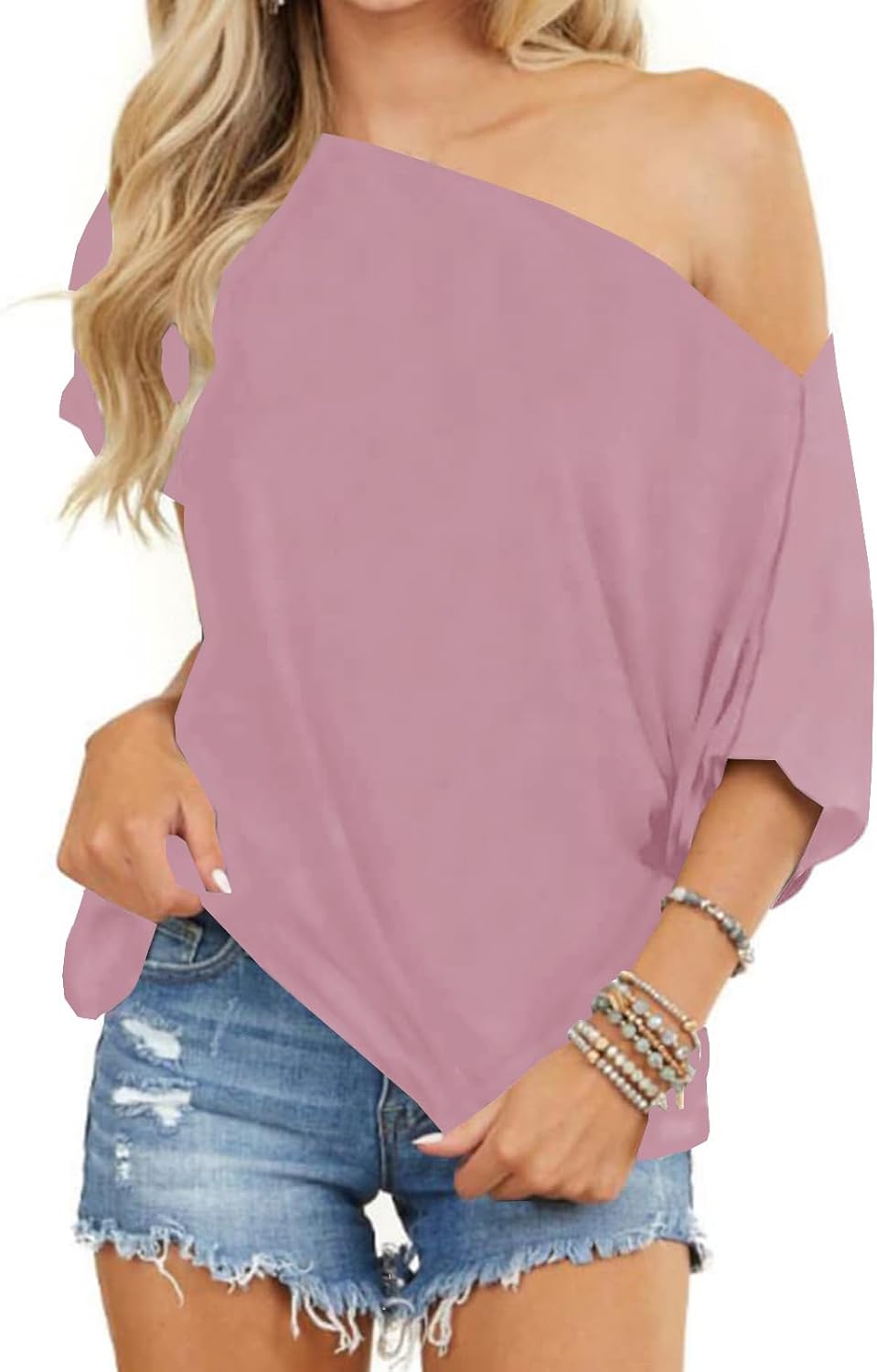 Thumbnail 6 de Eniloyal Damen Schulterfreies Oversize T-Shirt – lockeres Sommer-Top mit Fledermausärmeln
