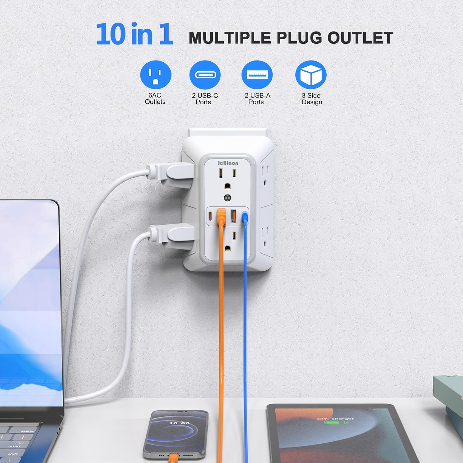 Detalle de JcBlaon 2-Pack Outlet Extender Surge Protector, 6 AC Outlets, 4 USB Ports