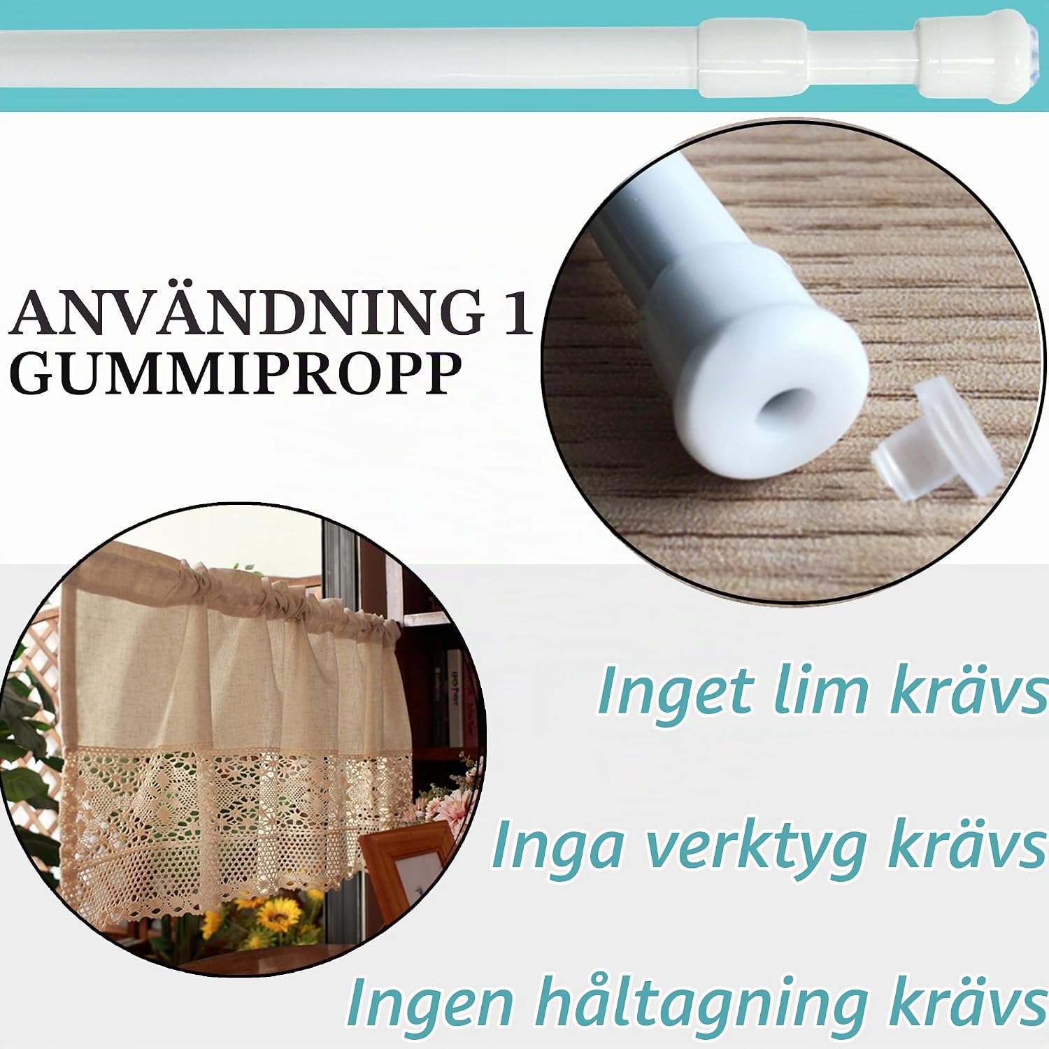 Detalle de GDEVKHN NO3-XYG-1 spännstänger för gardiner, 80–120 cm, utan borrning, 2-pack