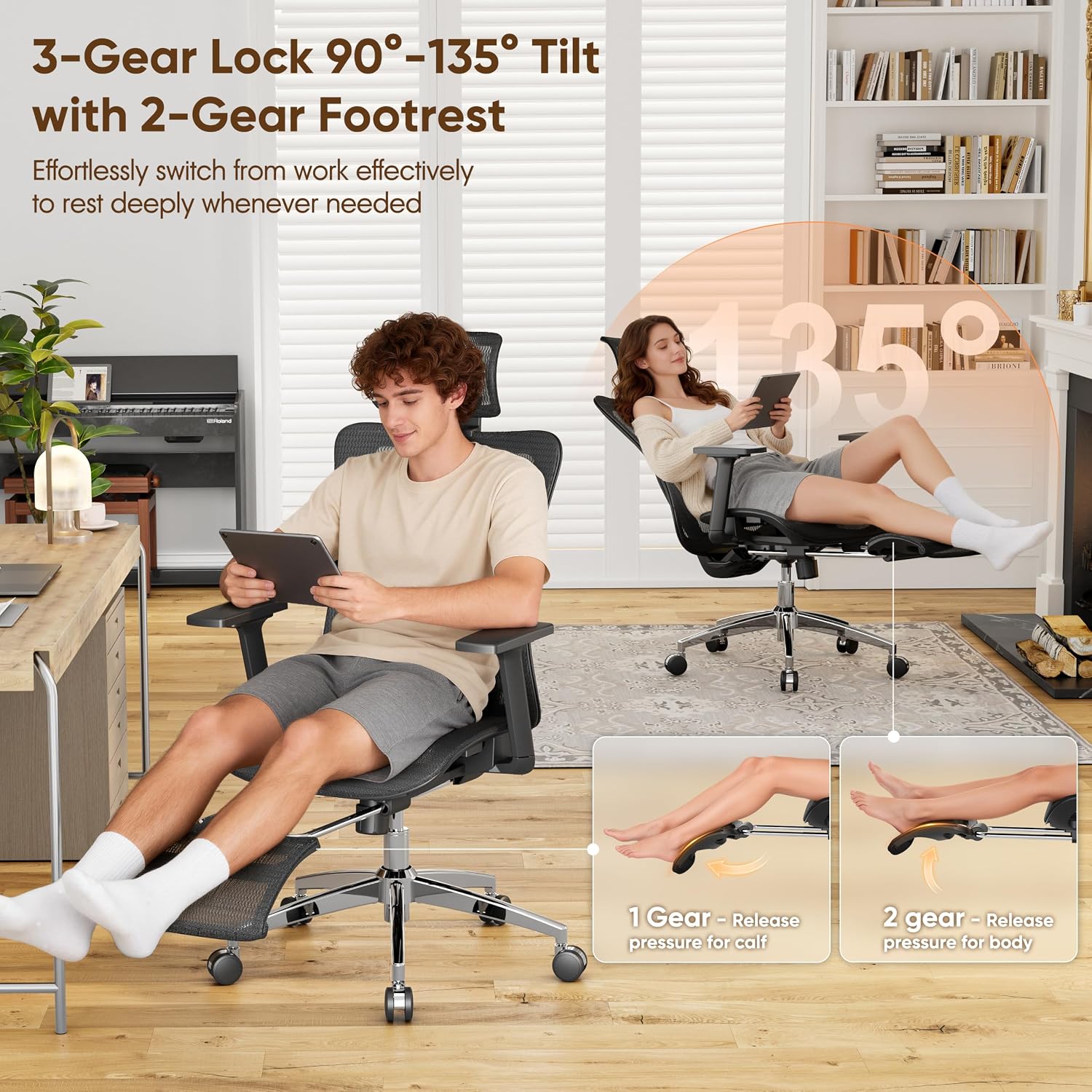 Detalle 1 de GABRYLLY GYMN01 Ergonomic Office Chair with Footrest, 135° Recline and Mesh Back