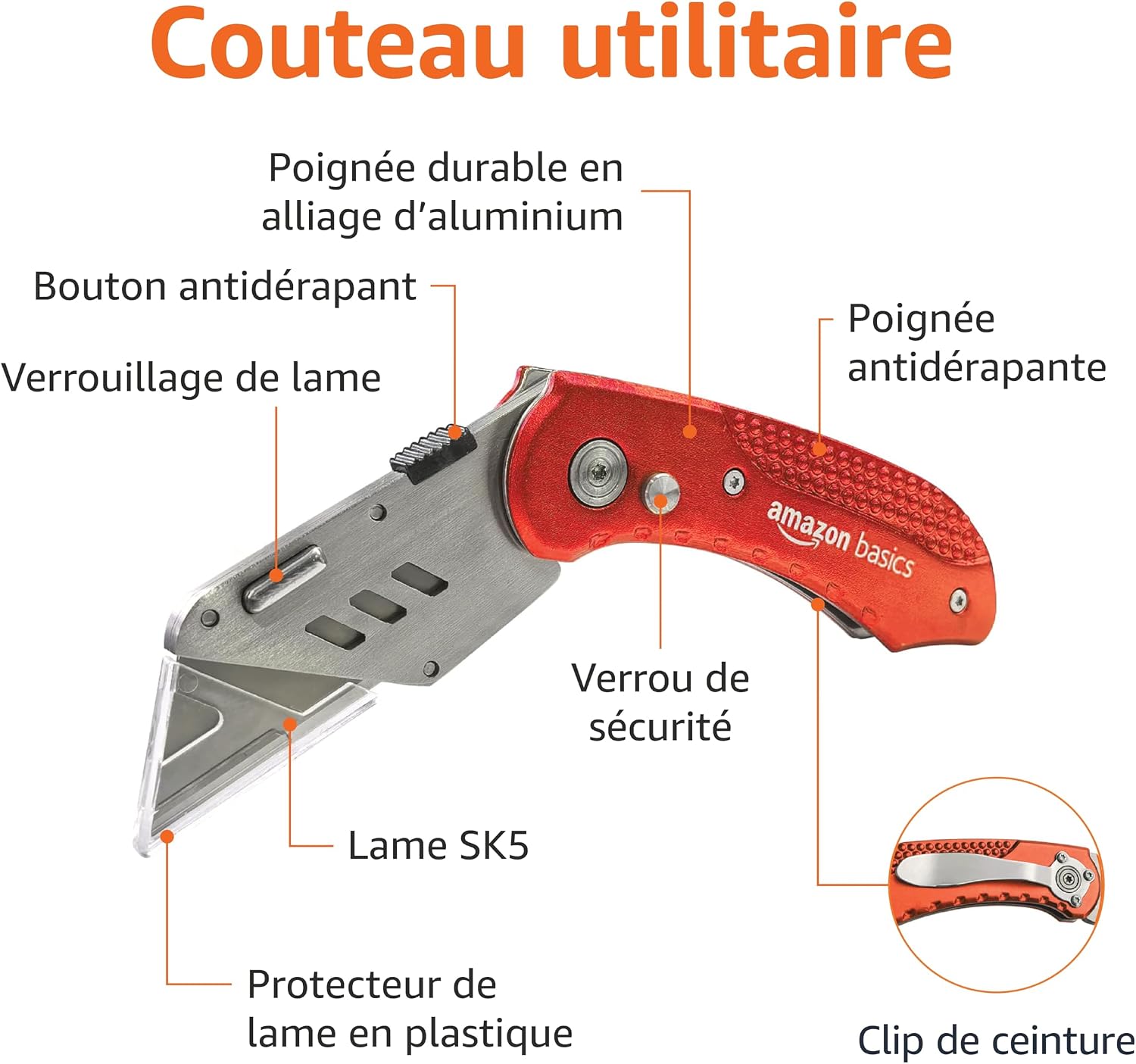 Detalle 2 de Amazon Basics Couteau utilitaire pliable rouge