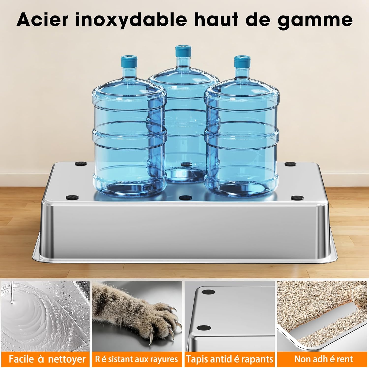 Detalle de Grand bac à litière INOX XL Ouvert — Bords hauts, antiadhésif, nettoyage facile et sans odeur
