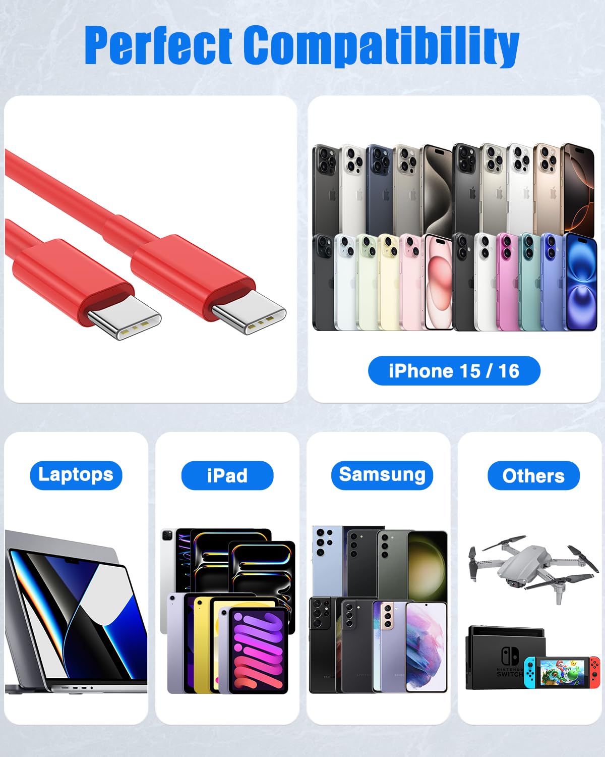 Thumbnail 6 de 10Pack USB C to USB C Cables (3ft each) — 60W PD, Red, Bulk Kit for iPhone 17/Air/16/15 Pro Max and More