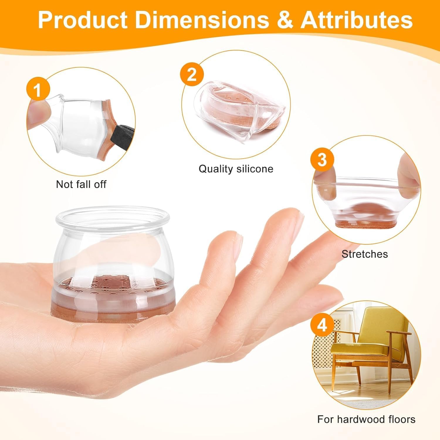 Detalle 2 de CHUNZEXI Clear-24Pack Chair Leg Protectors, Silicone and Felt, Clear, 24-Pack