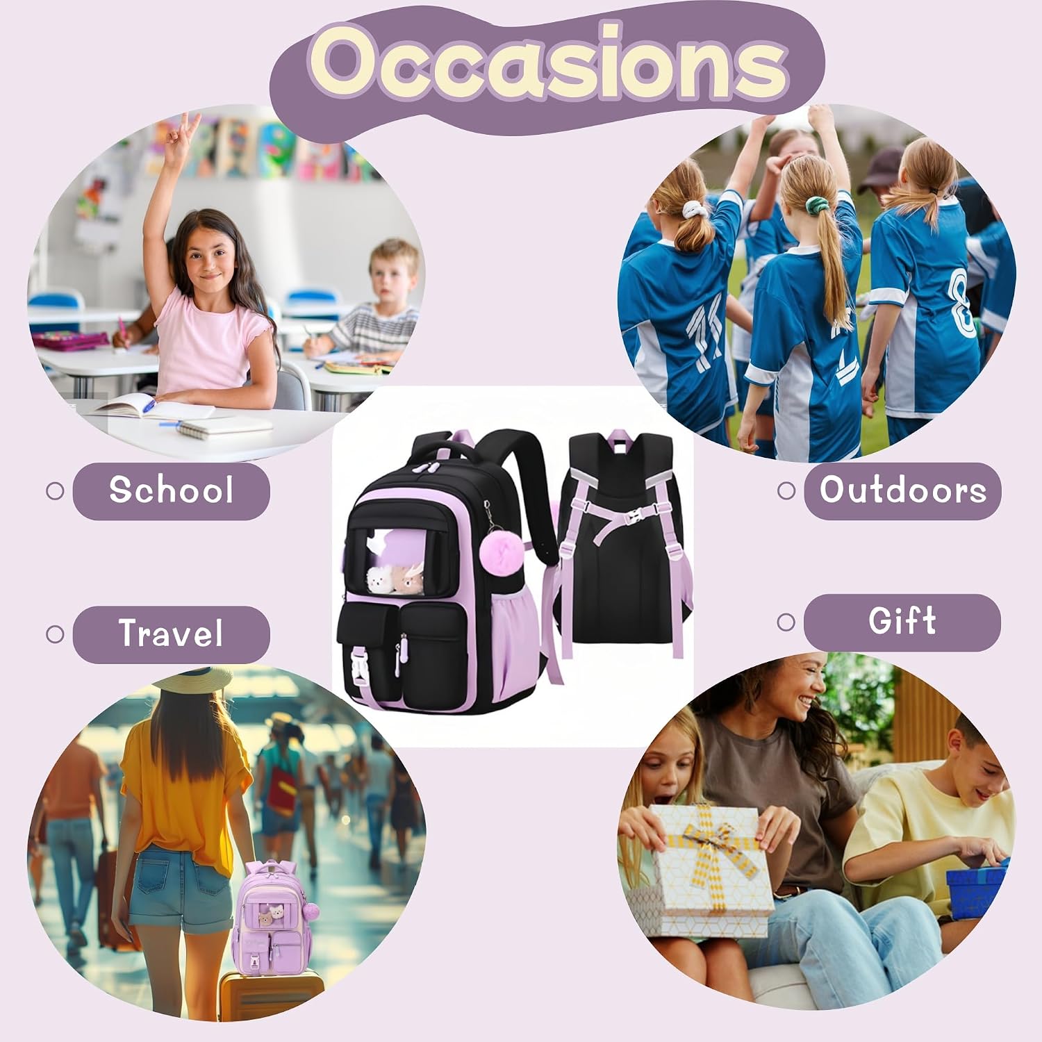 Thumbnail 6 de Bansusu Kawaii Girls Backpack for Kids – 26L School Daypack (B552-Black+Pink)