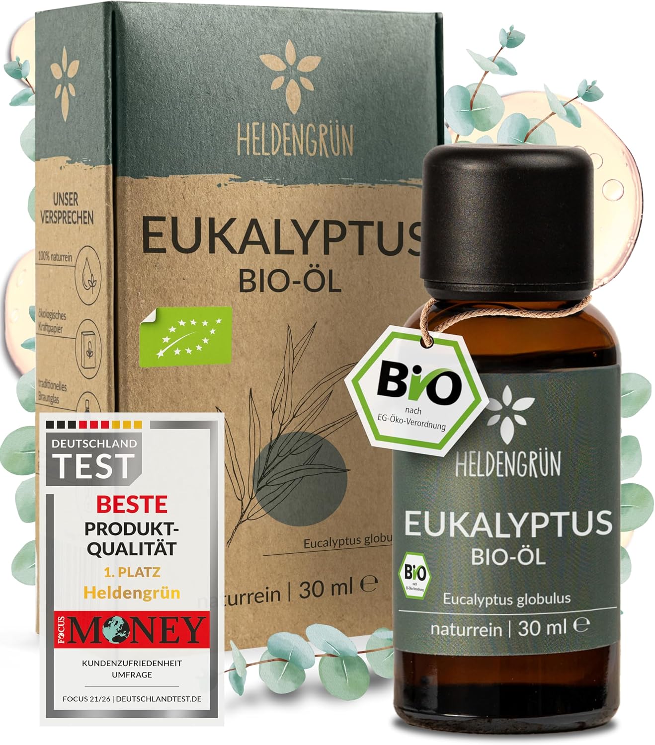 Detalle de Heldengrün BIO Eukalyptusöl (100% naturrein) – echtes Bio-Eukalyptusöl für Aromatherapie & Kosmetik
