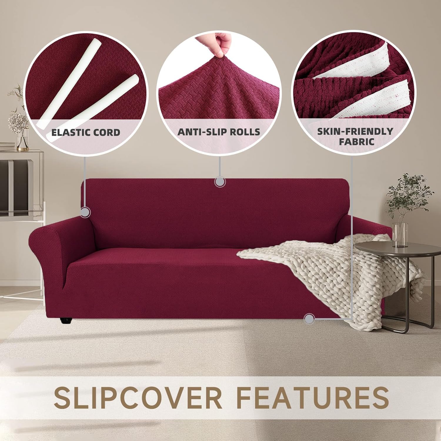 Thumbnail 3 de Ystyle housse de canapé 4 places extensible avec accoudoirs, antidérapante anti-poils animaux – bordeaux