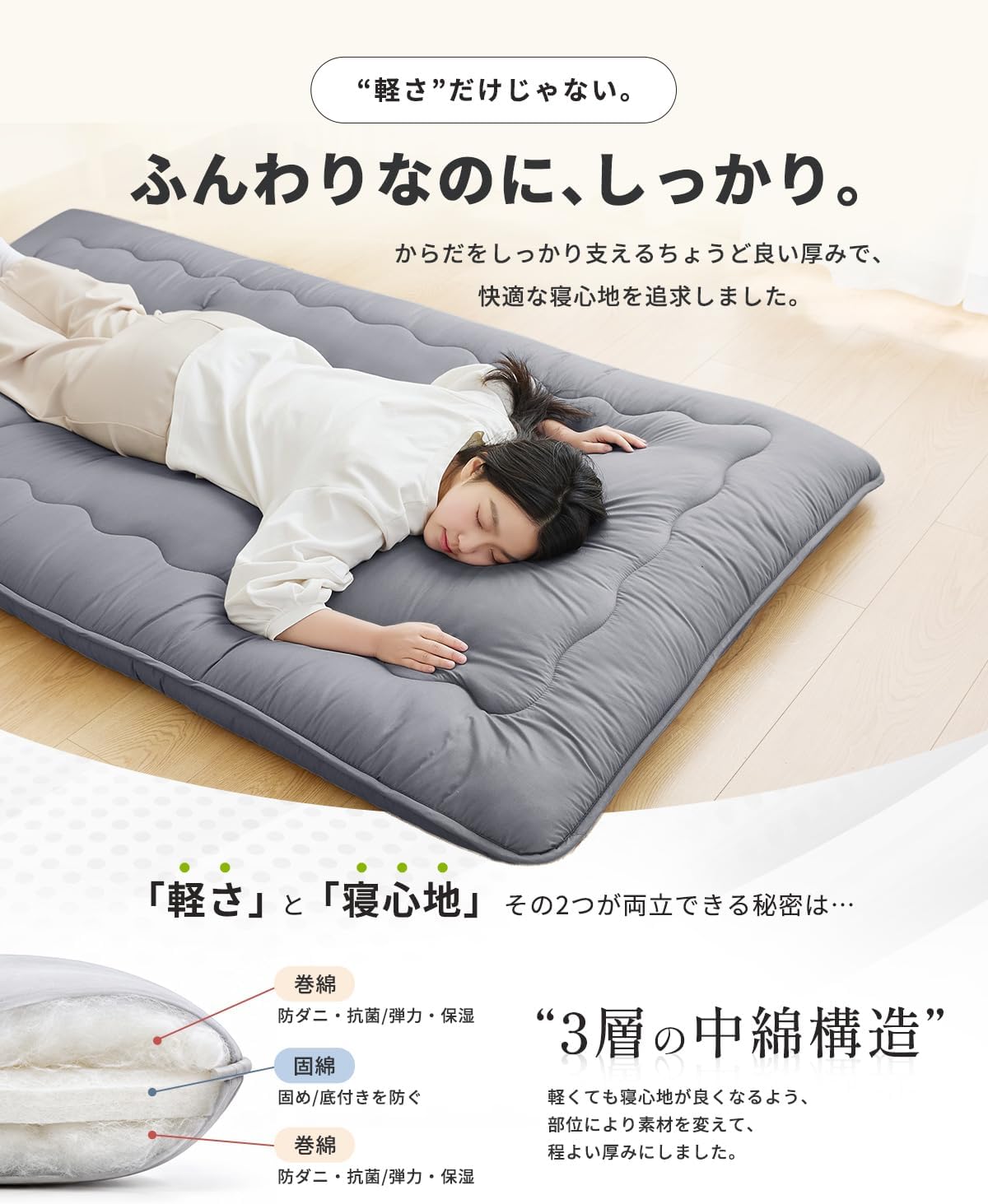 Thumbnail 6 de AZRA PNBE6B1E1SN 敷布団 シングル 100×210cm・約8cm厚 3層構造