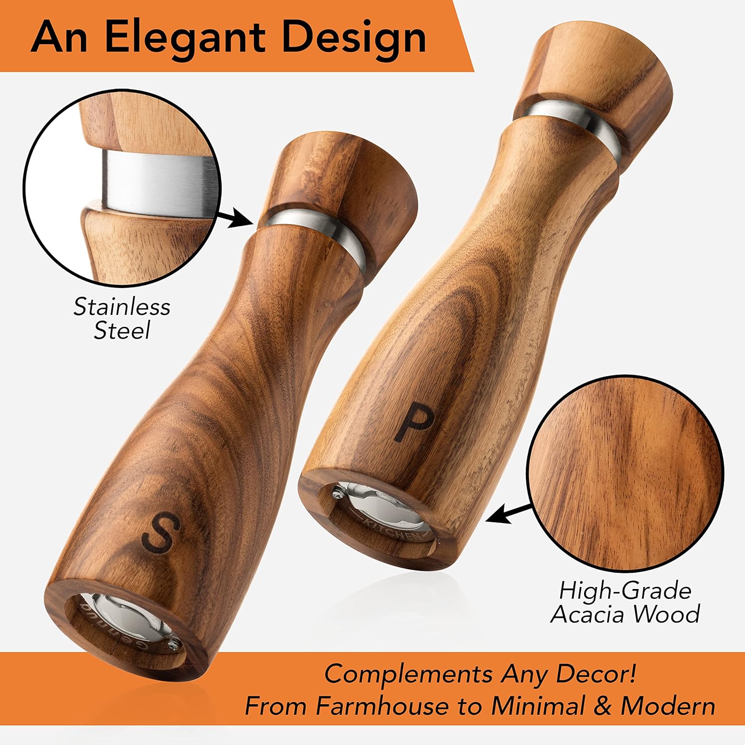 Detalle de Gennua Kitchen Wooden Salt and Pepper Grinder Set: Refiller, Adjustable Coarseness, 8-Inch Acacia Wood Mills