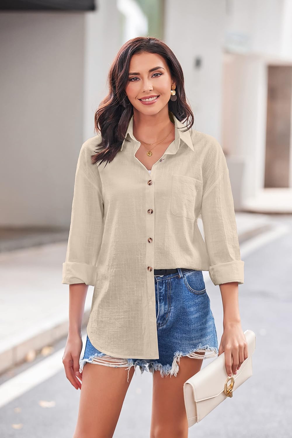Detalle de Chemise femme coton Hotouch, col en V