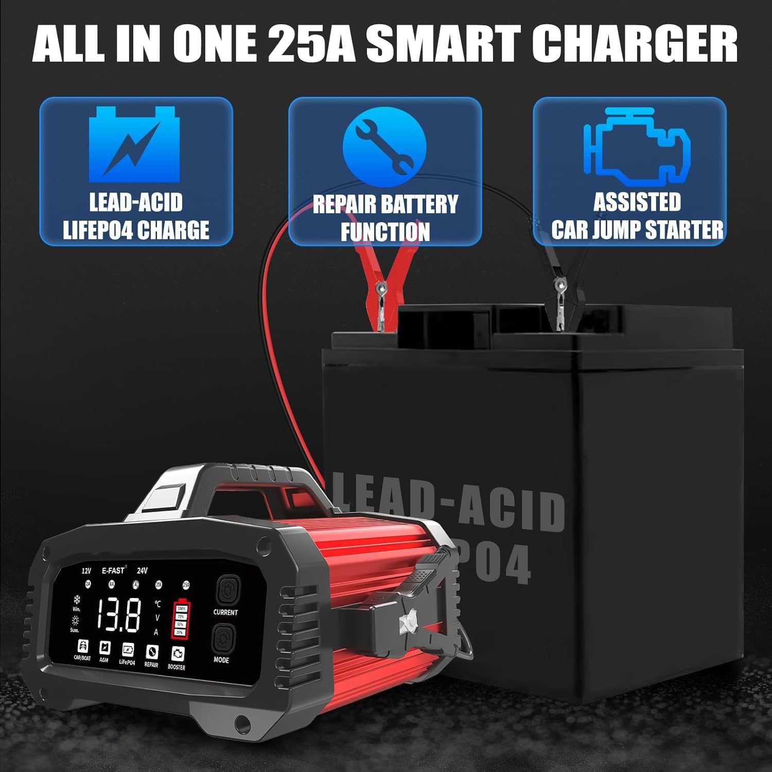 Thumbnail 1 de E-FAST 25A Smart Car Battery Charger (12V/24V) with 200s Booster Mode