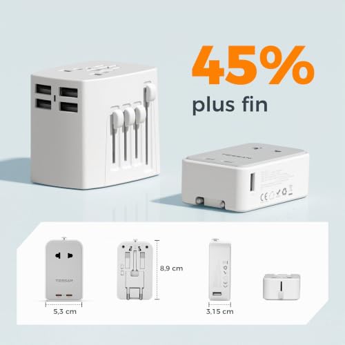 Detalle de TESSAN Adaptateur Prise Universelle PD 45W – Charge rapide 2 USB-C et 4 fiches internationales