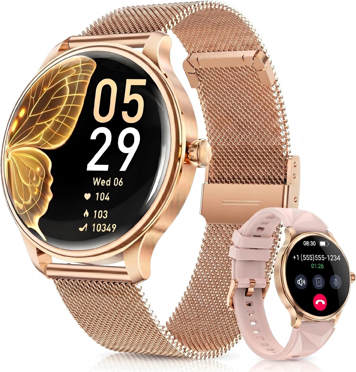 Detalle de WalkerFit Smartwatch Damen Rund 1,43" AMOLED – IP68, Bluetooth Anrufe, 120+ Sportmodi, Roségold