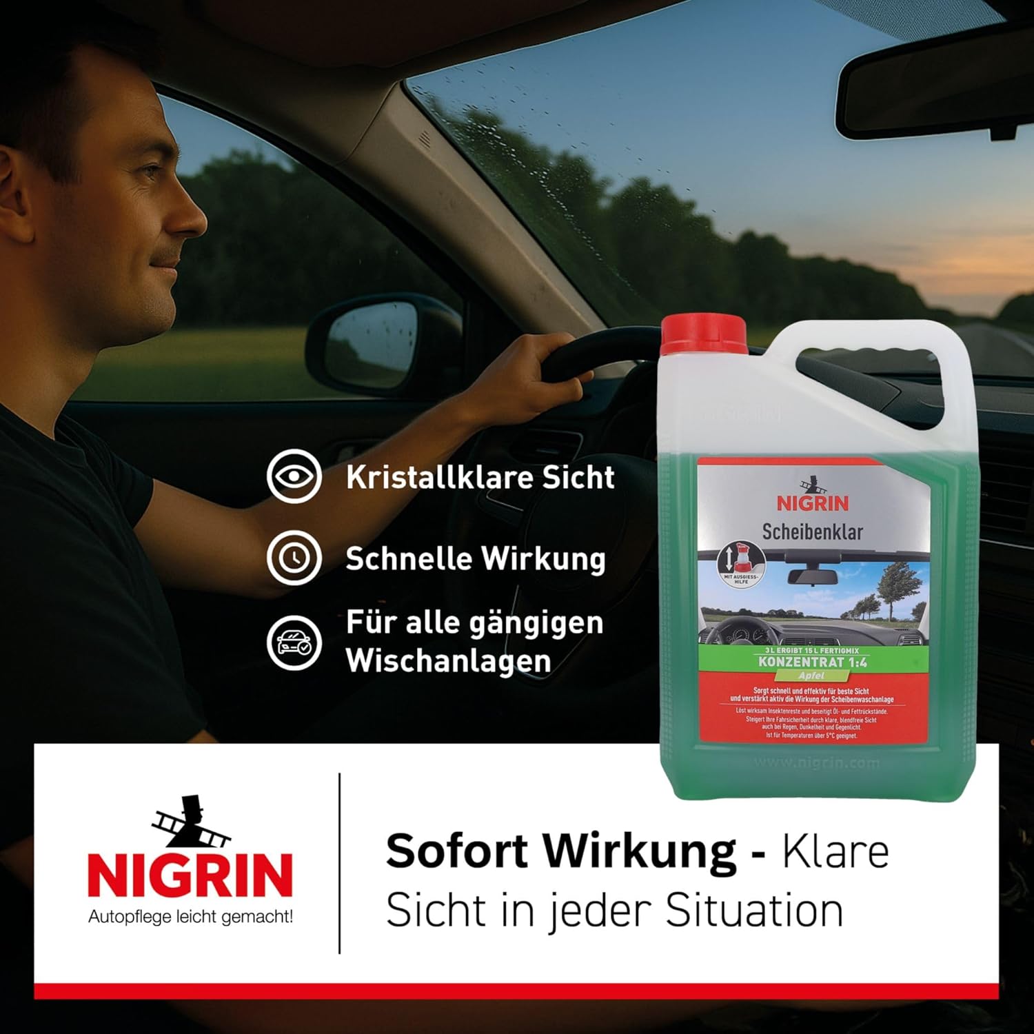 Thumbnail 3 de NIGRIN Scheibenklar Konzentrat 1:4 Apfel | 3 Liter – klare Sicht für Auto-Scheiben und Scheinwerfer